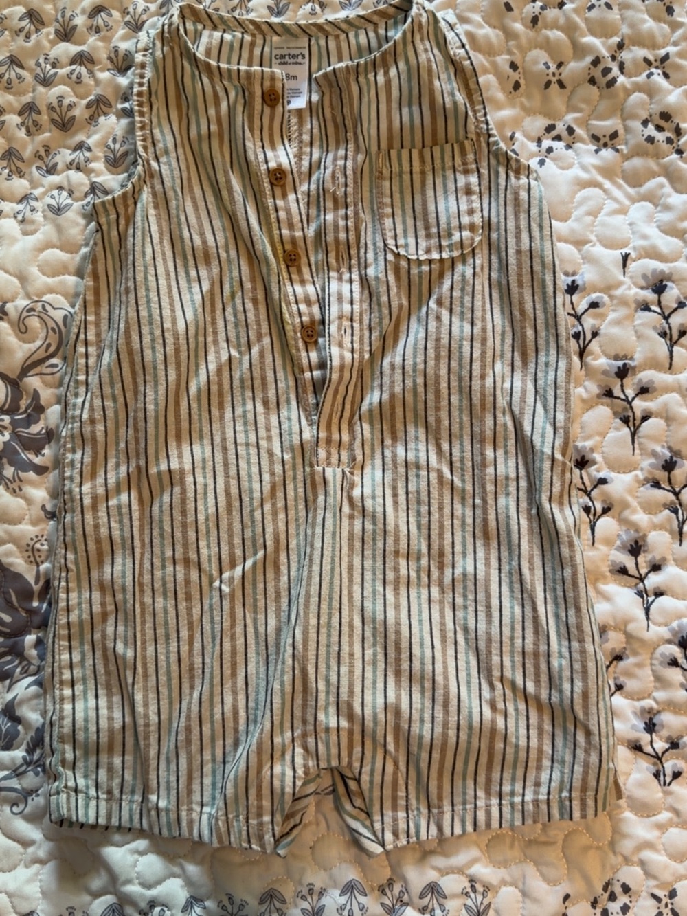 Carter's Beige Romper with Green and Navy Stripes